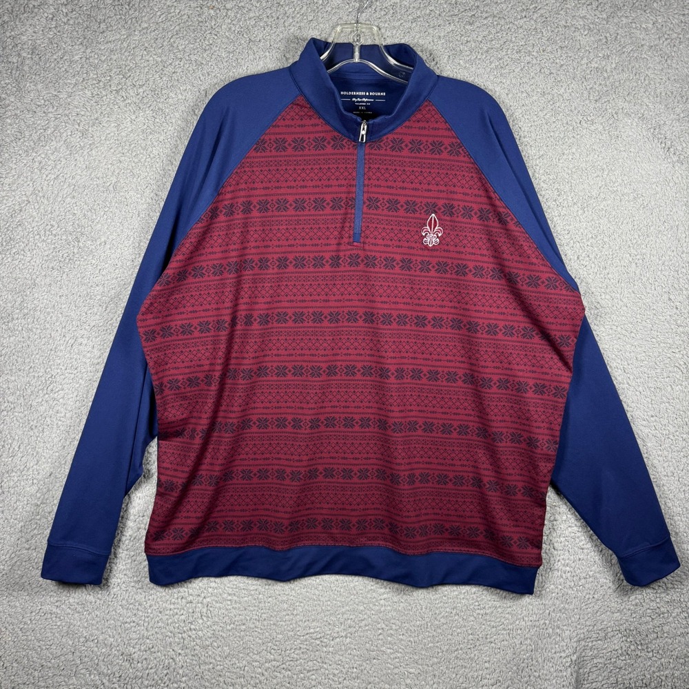Holderness & Bourne Mens XXL Dry Luxe 1/4 Zip Pullover Navy Burgundy Fair Isle